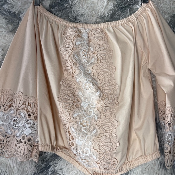 Express Womens Cropped Blouse Lace Trim Cream Boho Bell Sleeves,Size M - Picture 2 of 8